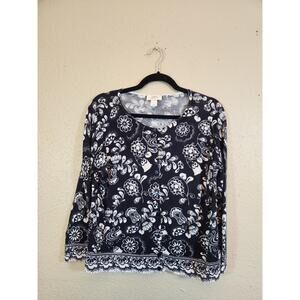 Ann Taylor Loft Women Black Floral Pima Cotton Long Sleeve Button Front Blouse L